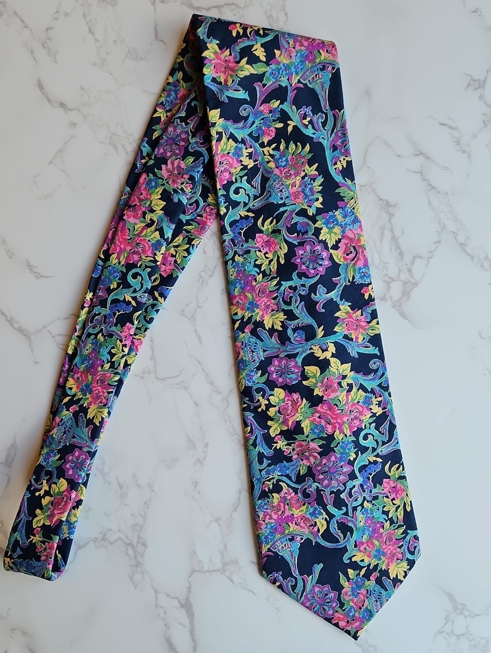 TANGO By Max Raab Vintage Cotton Floral Tie Navy Pink & Teal Abstract - Picture 4 of 5